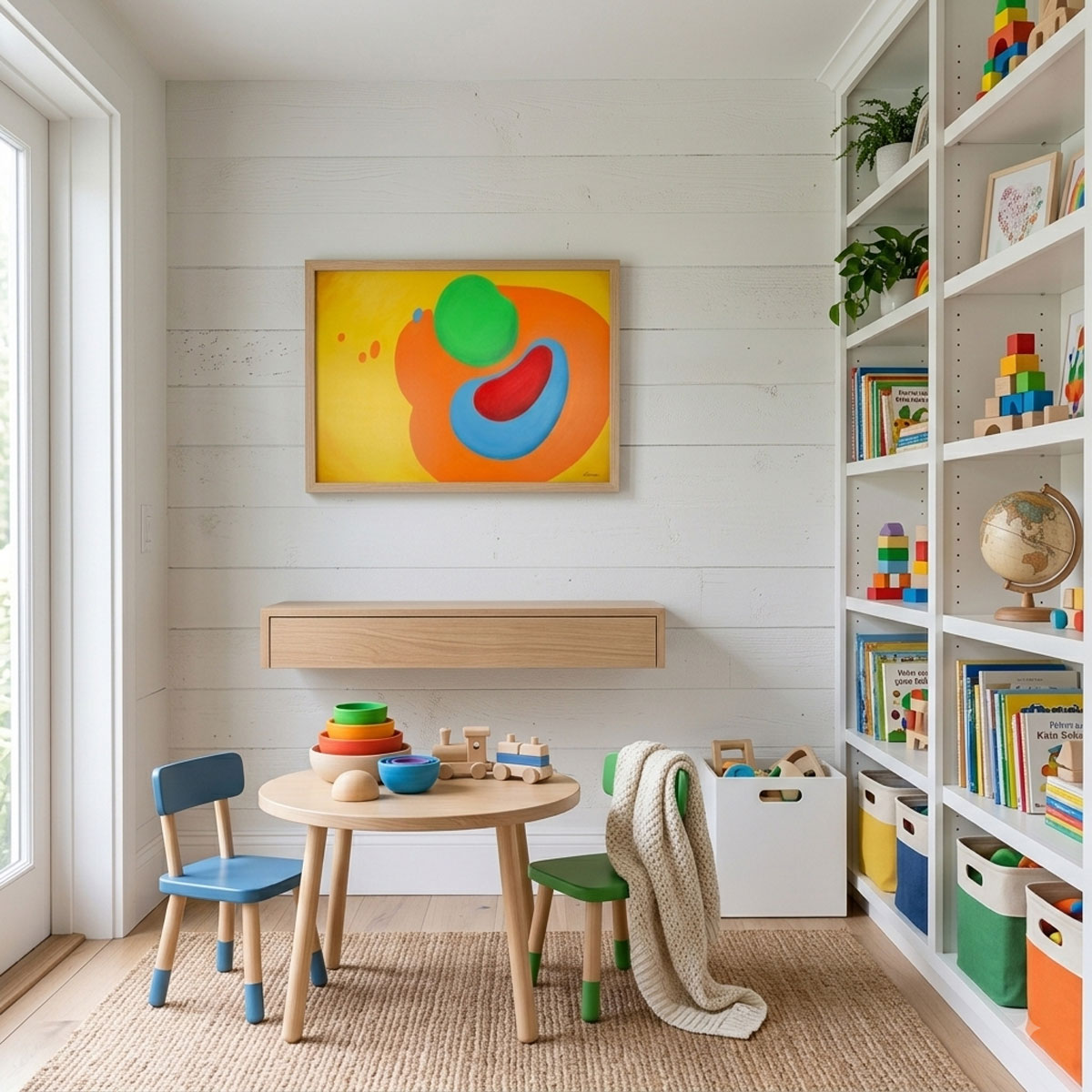 Fusion - Abstract Wall Art featuring vibrant organic shapes in green, red, blue, and orange on a yellow background.