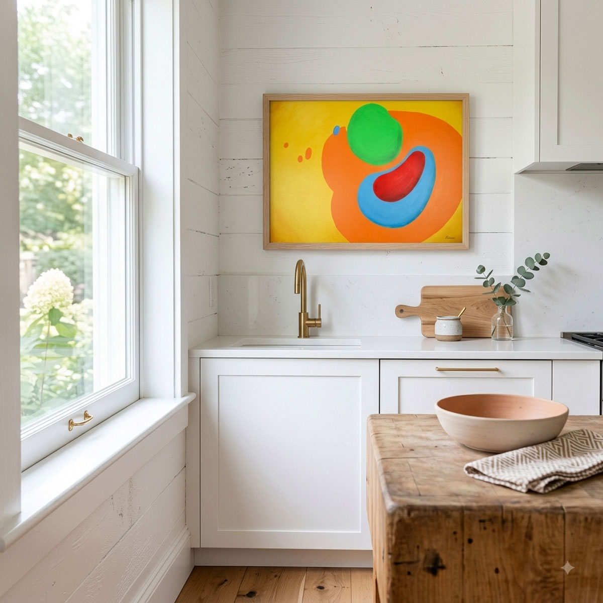 Fusion - Abstract Wall Art featuring vibrant organic shapes in green, red, blue, and orange on a yellow background.