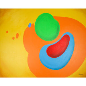 Fusion - Abstract Wall Art featuring vibrant organic shapes in green, red, blue, and orange on a yellow background.