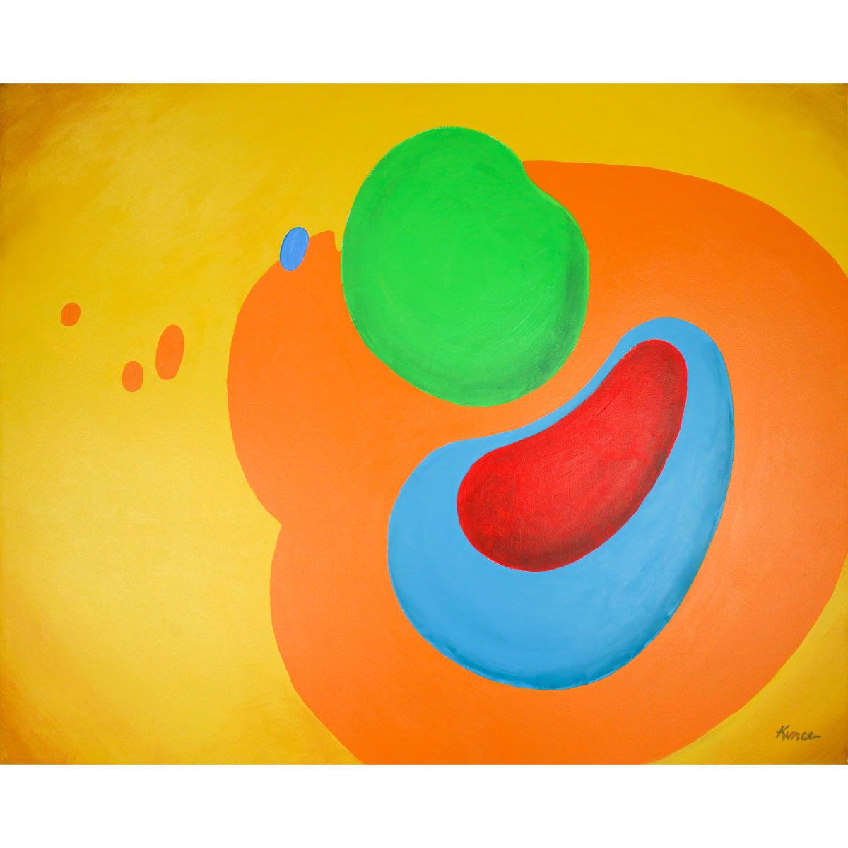 Fusion - Abstract Wall Art featuring vibrant organic shapes in green, red, blue, and orange on a yellow background.