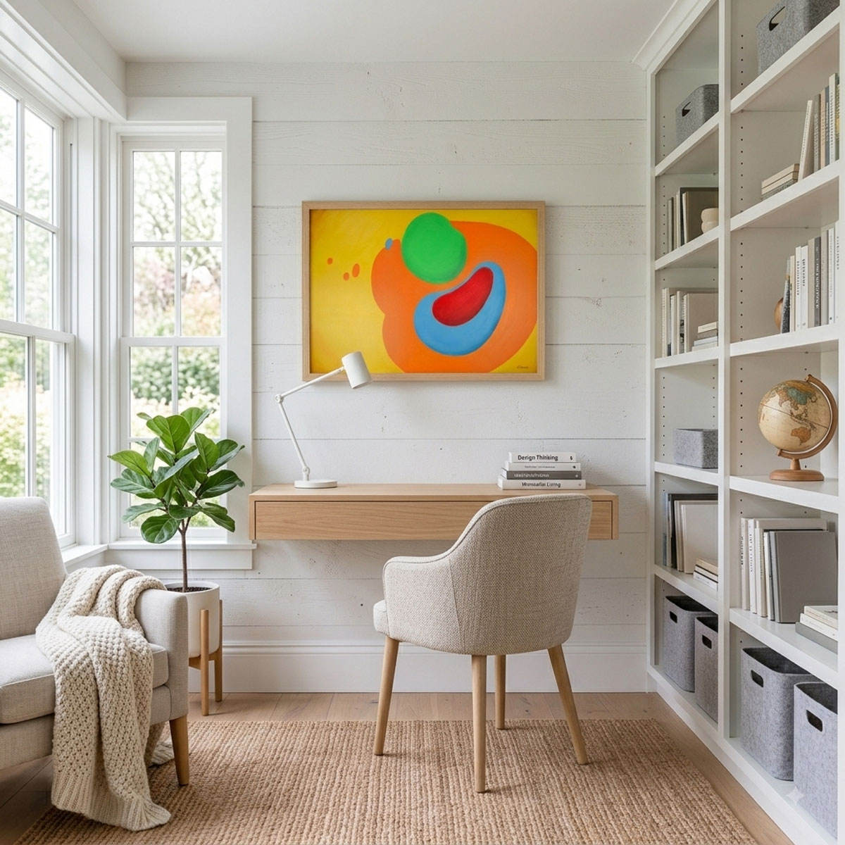 Fusion - Abstract Wall Art featuring vibrant organic shapes in green, red, blue, and orange on a yellow background.