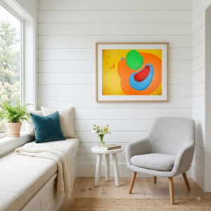 Fusion - Abstract Wall Art featuring vibrant organic shapes in green, red, blue, and orange on a yellow background.