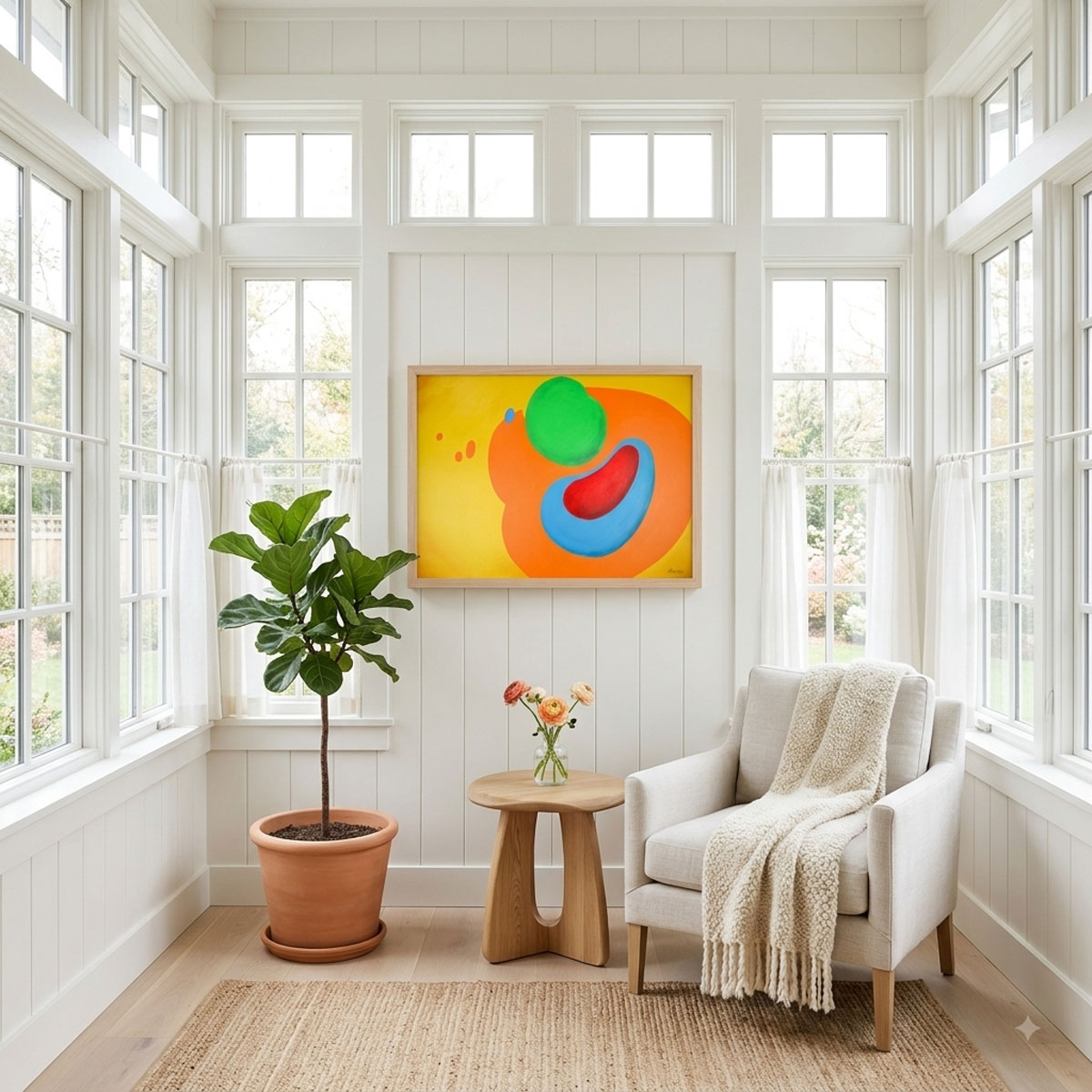 Fusion - Abstract Wall Art featuring vibrant organic shapes in green, red, blue, and orange on a yellow background.