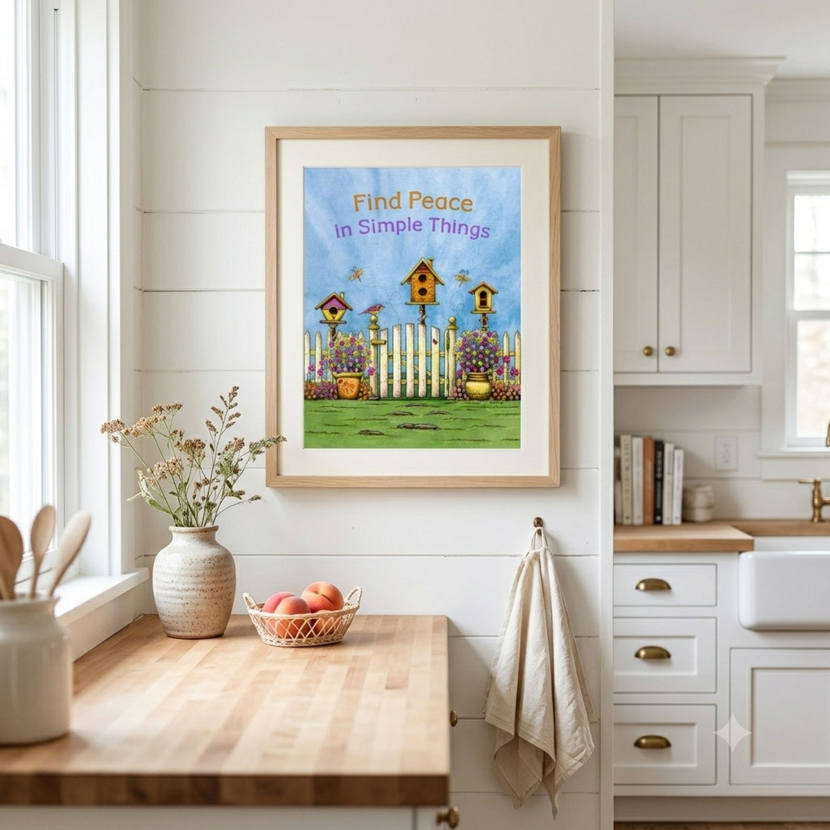 Garden Birdhouse Printable Wall Art featuring colorful birdhouses, flowers, dragonflies, and a white picket gate framed on a kitchen wall