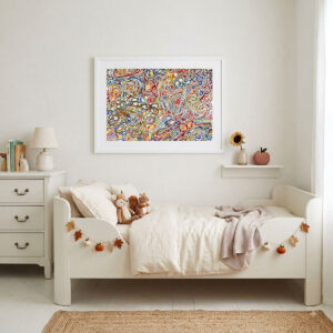 Happiness Flow colorful abstract printable art featuring vibrant organic linework and rich watercolor tones.