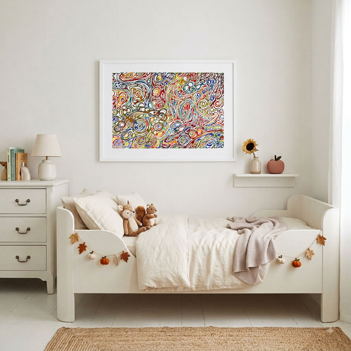 Happiness Flow colorful abstract printable art featuring vibrant organic linework and rich watercolor tones.