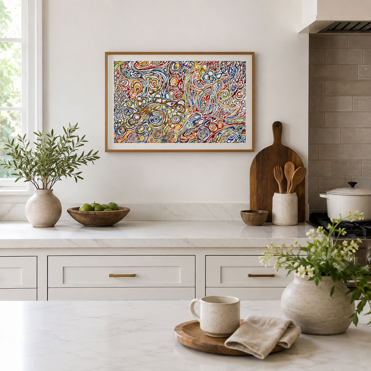 Happiness Flow colorful abstract printable art featuring vibrant organic linework and rich watercolor tones.