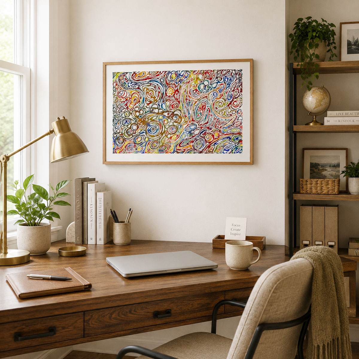Happiness Flow colorful abstract printable art featuring vibrant organic linework and rich watercolor tones.