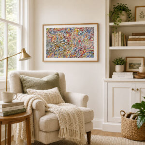 Happiness Flow colorful abstract printable art featuring vibrant organic linework and rich watercolor tones.