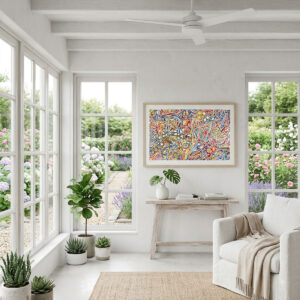 Happiness Flow colorful abstract printable art featuring vibrant organic linework and rich watercolor tones.