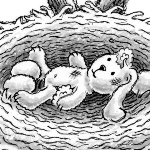 Illustrations from "Hope's Melody" by Jeanna Kunce showing a stuffed animal bunny in a large bird's nest