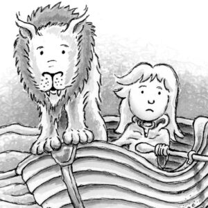 Illustrations from "Hope's Melody" by Jeanna Kunce showing Abigail and Gus the Lion in a rowboat