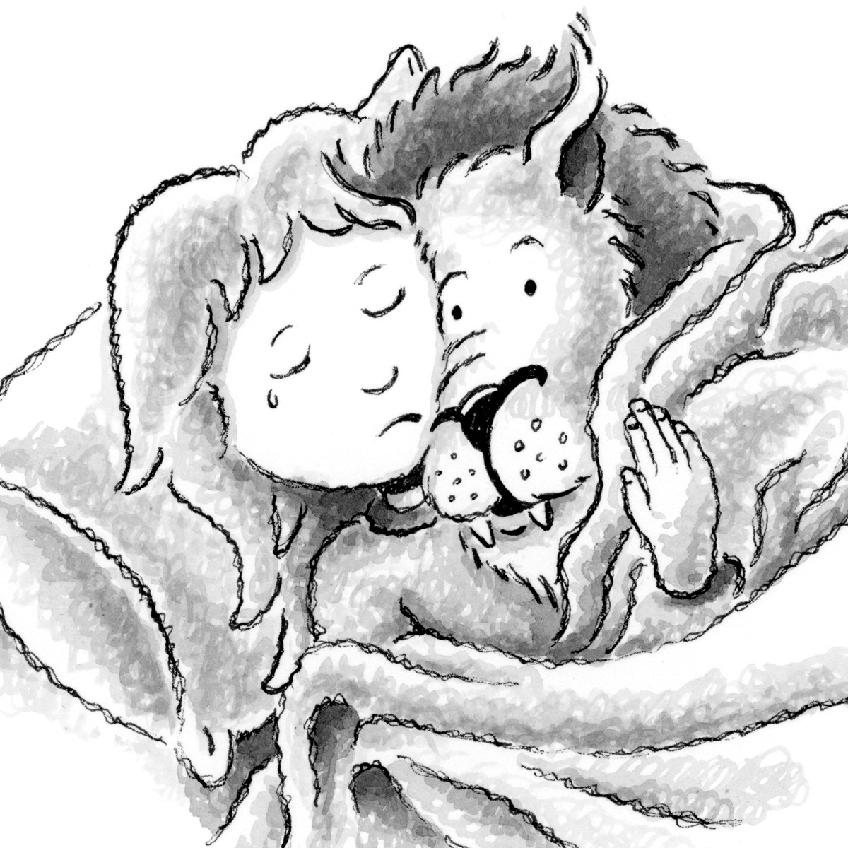 Illustrations from "Hope's Melody" by Jeanna Kunce showing Abigail snuggling her stuffed animal lion