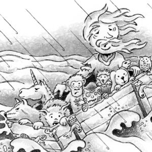 Illustrations from "Hope's Melody" by Jeanna Kunce showing a wizard in a storm on the water with his live stuffed animal friends