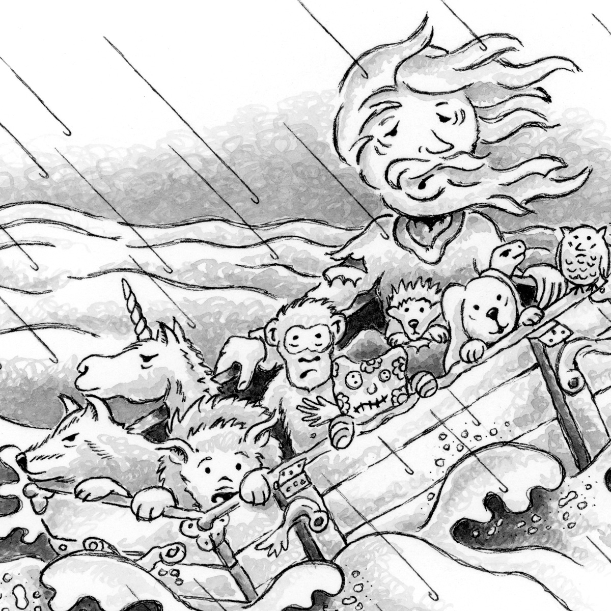Illustrations from "Hope's Melody" by Jeanna Kunce showing a wizard in a storm on the water with his live stuffed animal friends