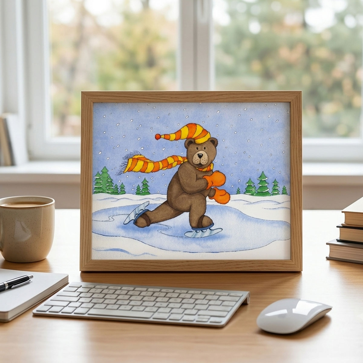 Ice Skating Bear Digital Print featuring a brown bear with an orange scarf skating on ice during a snowfall.