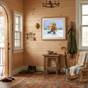 Ice Skating Bear Digital Print featuring a brown bear with an orange scarf skating on ice during a snowfall.