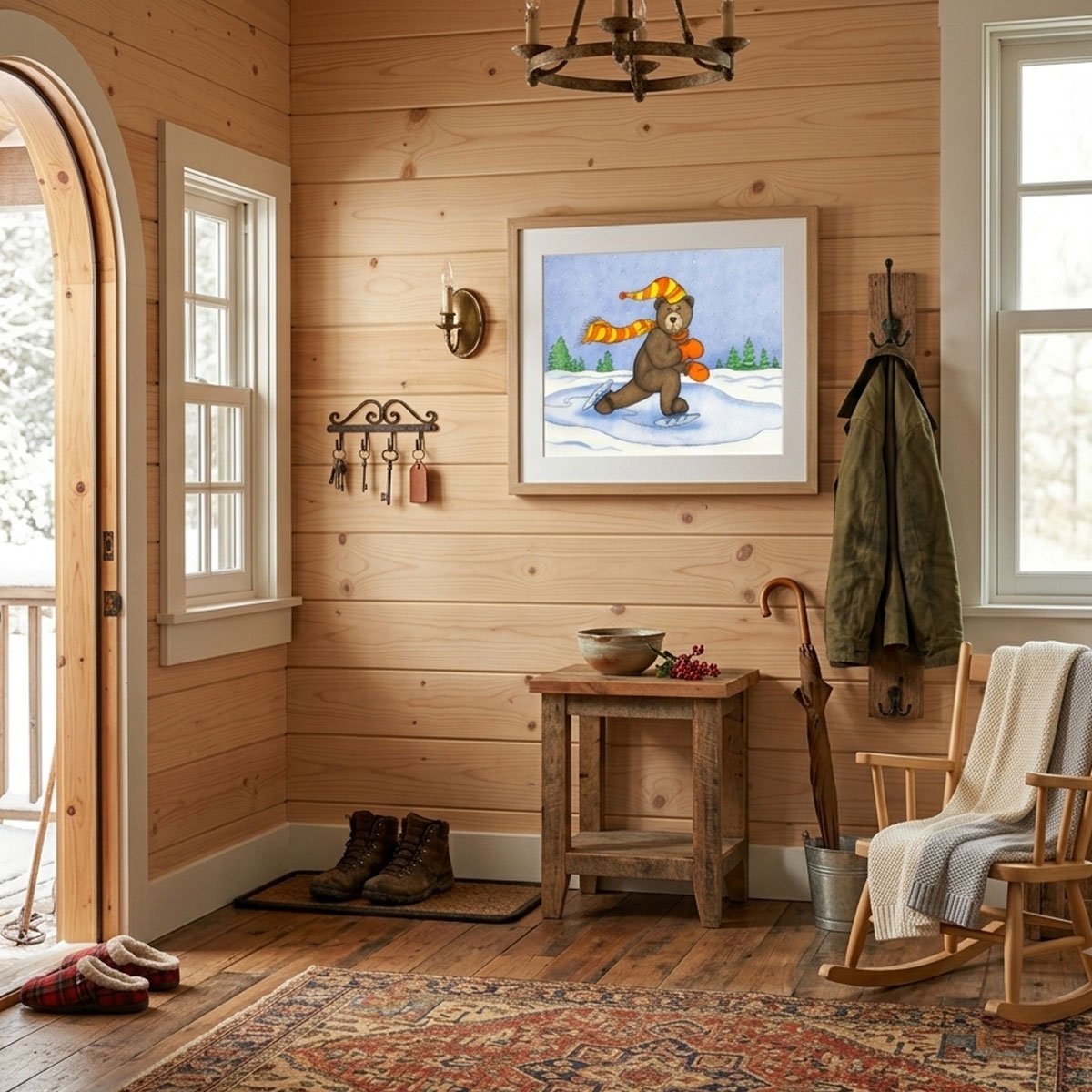 Ice Skating Bear Digital Print featuring a brown bear with an orange scarf skating on ice during a snowfall.
