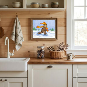 Ice Skating Bear Digital Print featuring a brown bear with an orange scarf skating on ice during a snowfall.