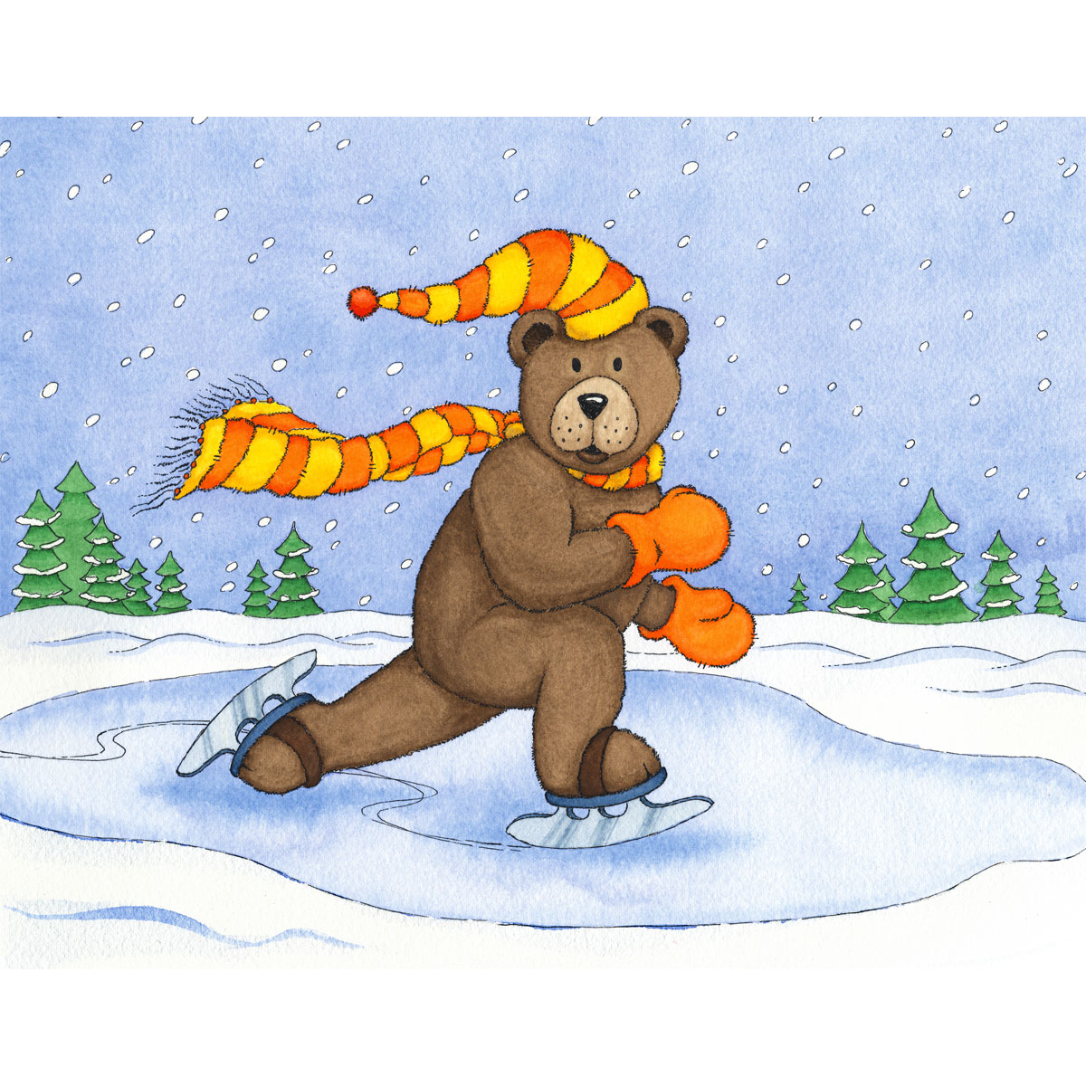 Ice Skating Bear Digital Print featuring a brown bear with an orange scarf skating on ice during a snowfall.
