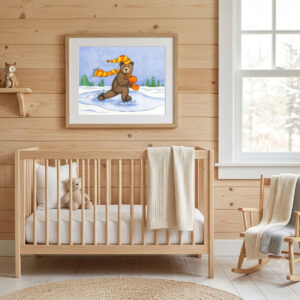 Ice Skating Bear Digital Print featuring a brown bear with an orange scarf skating on ice during a snowfall.