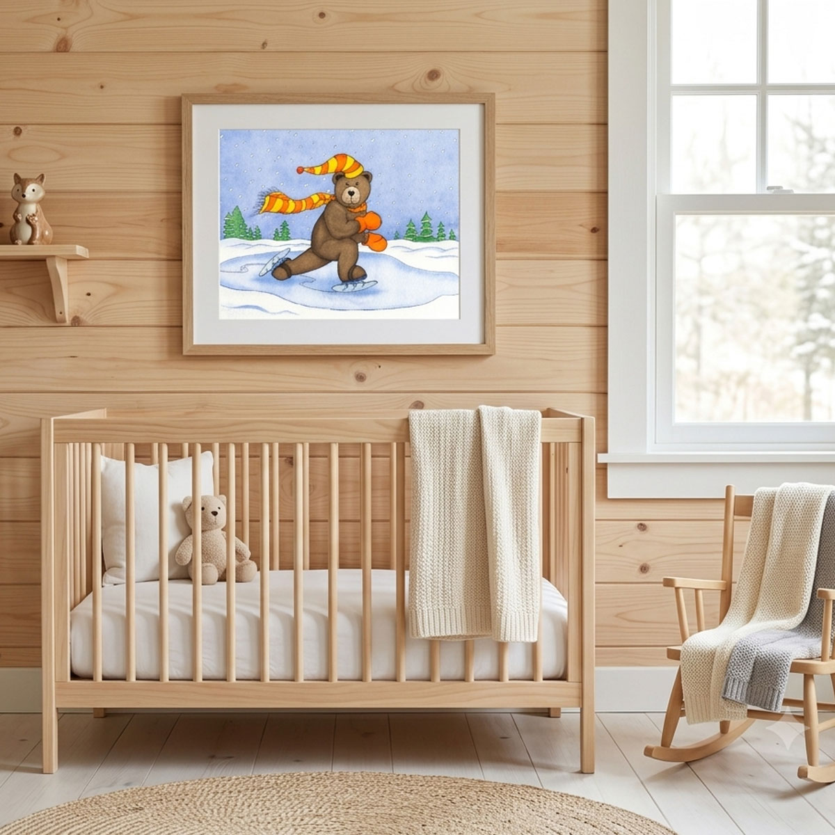 Ice Skating Bear Digital Print featuring a brown bear with an orange scarf skating on ice during a snowfall.