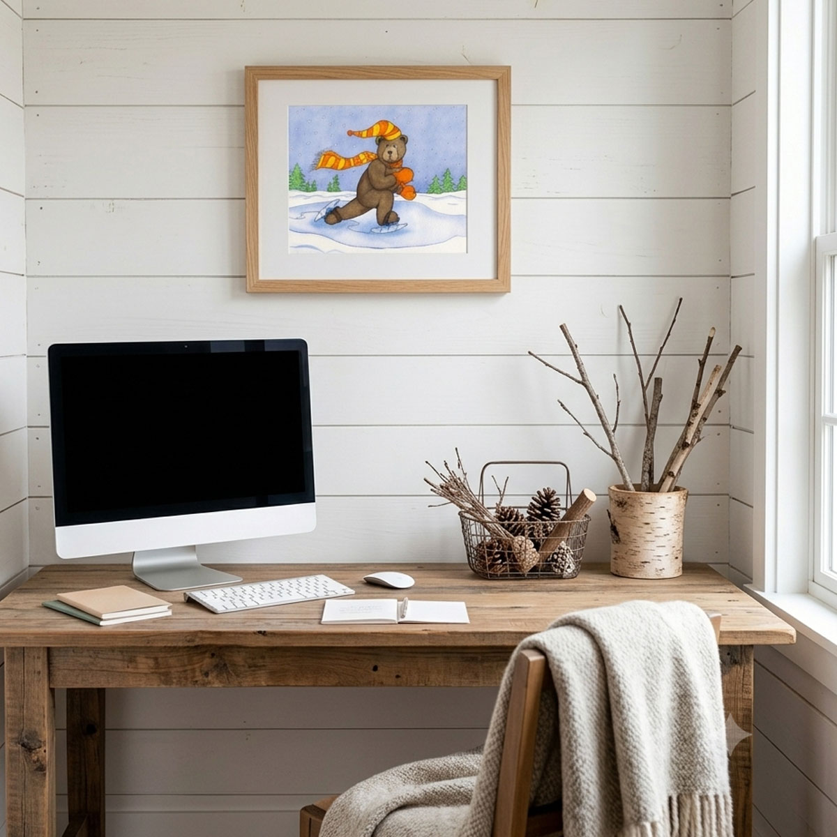 Ice Skating Bear Digital Print featuring a brown bear with an orange scarf skating on ice during a snowfall.