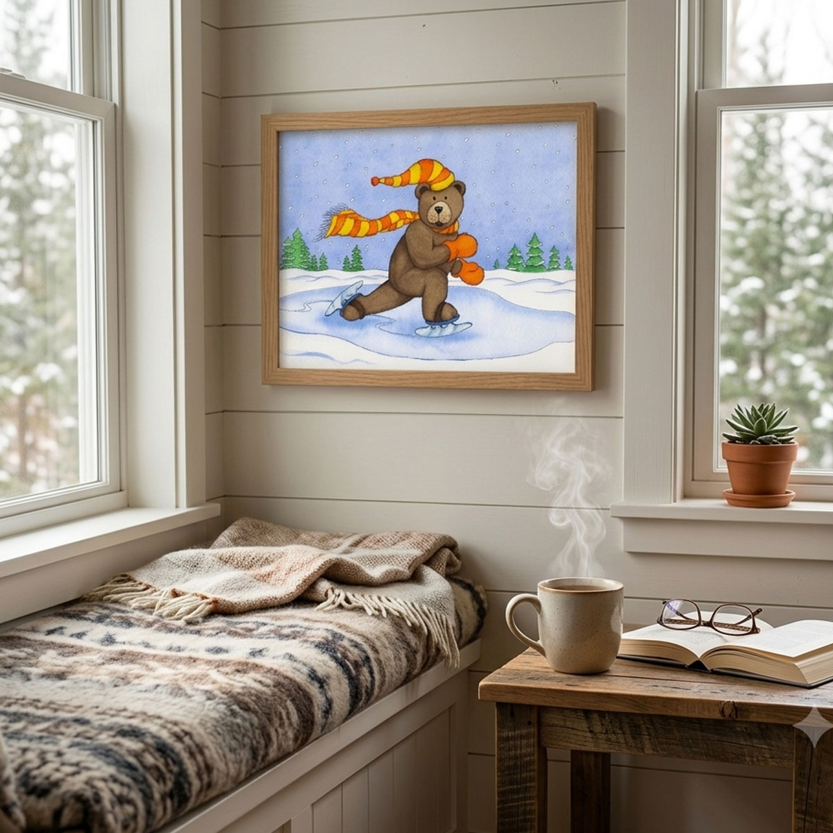 Ice Skating Bear Digital Print featuring a brown bear with an orange scarf skating on ice during a snowfall.