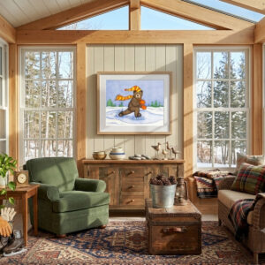 Ice Skating Bear Digital Print featuring a brown bear with an orange scarf skating on ice during a snowfall.