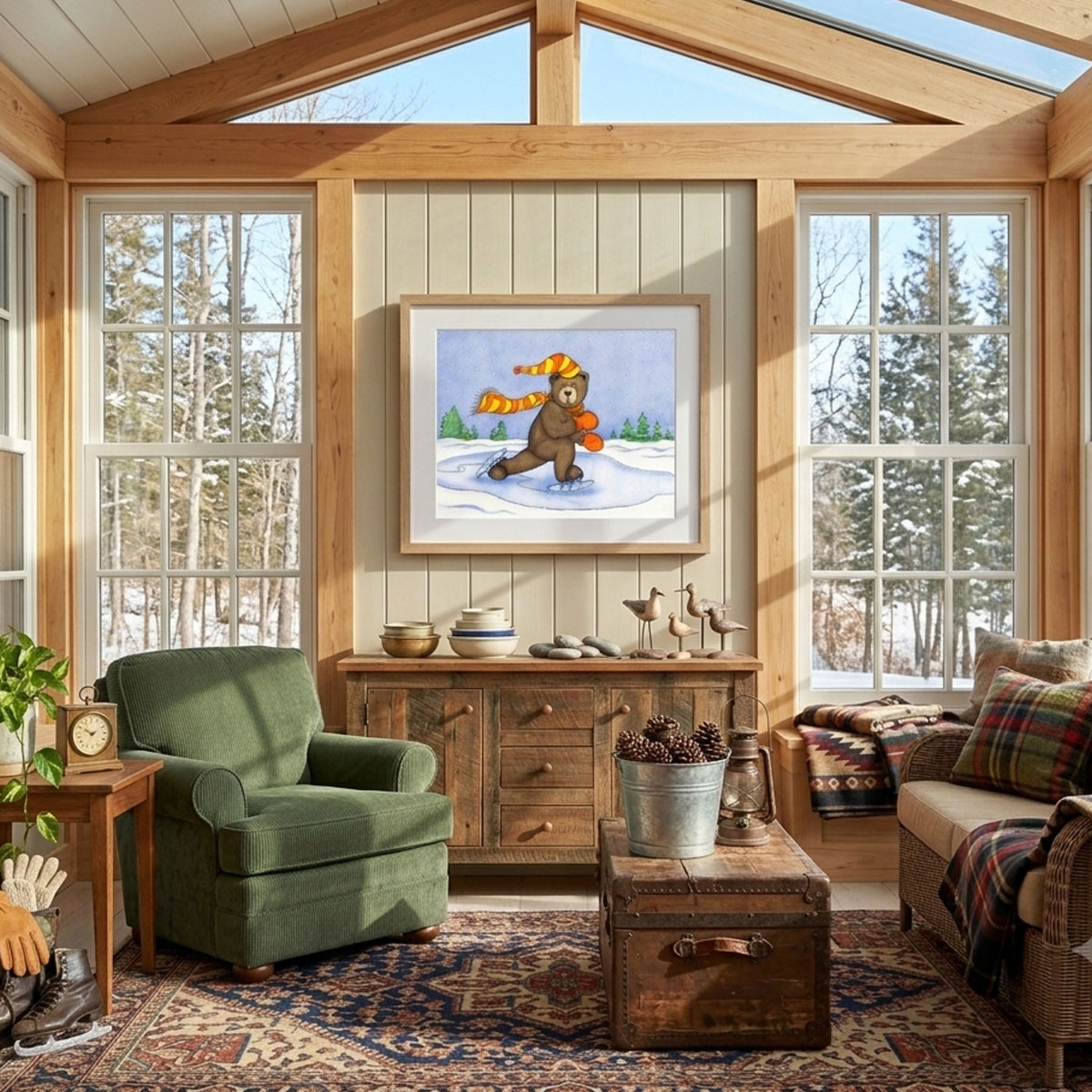 Ice Skating Bear Digital Print featuring a brown bear with an orange scarf skating on ice during a snowfall.