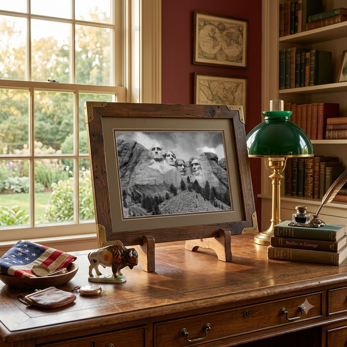 Mount Rushmore Wall Art showing black and white carved presidential faces on the rocky mountain monument in a frame on a dektop.