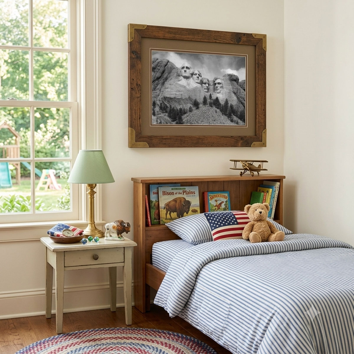 Mount Rushmore Wall Art showing black and white carved presidential faces on the rocky mountain monument in a frame in a kid's room.