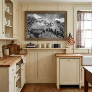 Mount Rushmore Wall Art showing black and white carved presidential faces on the rocky mountain monument in a frame in a kitchen.