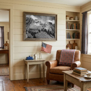 Mount Rushmore Wall Art showing black and white carved presidential faces on the rocky mountain monument in a frame in a living room.
