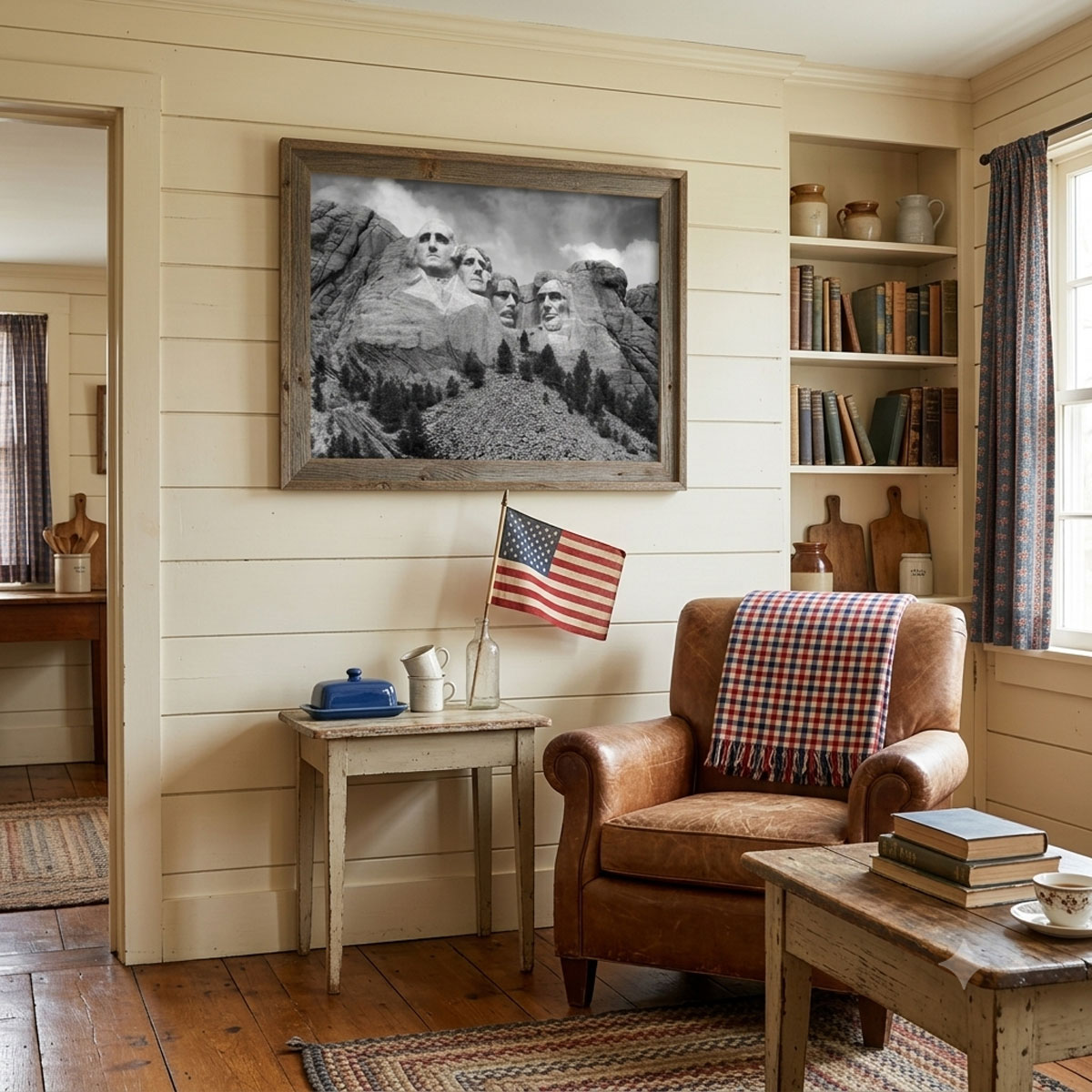 Mount Rushmore Wall Art showing black and white carved presidential faces on the rocky mountain monument in a frame in a living room.