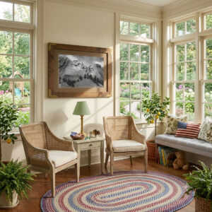 Mount Rushmore Wall Art showing black and white carved presidential faces on the rocky mountain monument in a frame in a sunroom.