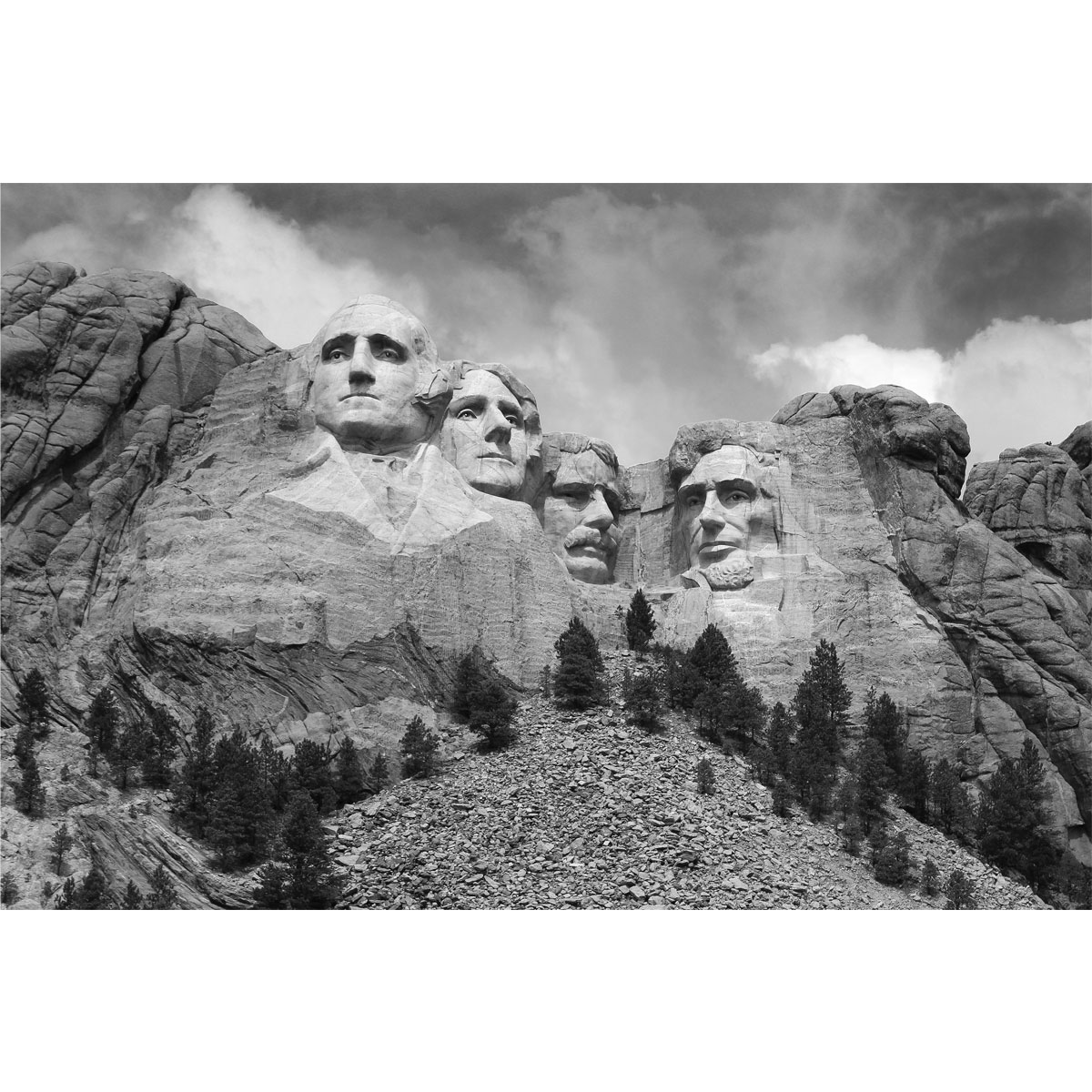 Mount Rushmore Wall Art showing black and white carved presidential faces on the rocky mountain monument.