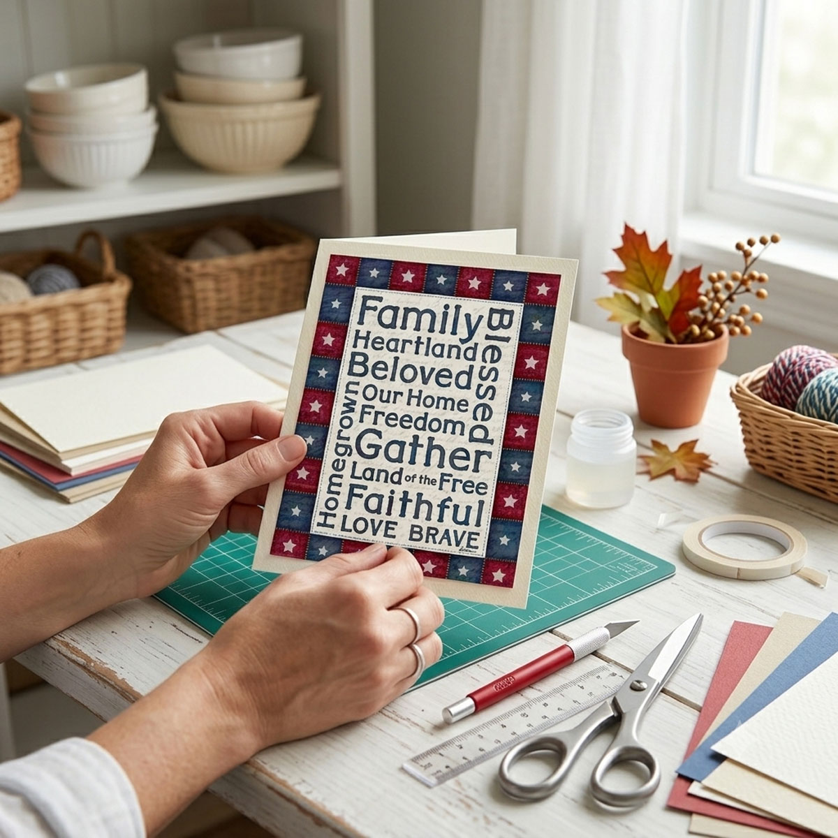 Photo showing a framed print of an American stars patchwork quilt border with patriotic words designed in the middle.