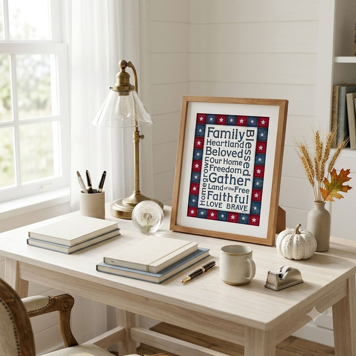 Photo showing a framed print of an American stars patchwork quilt border with patriotic words designed in the middle.