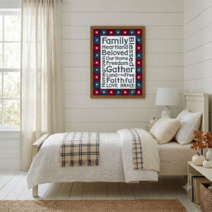 Photo showing a framed print of an American stars patchwork quilt border with patriotic words designed in the middle.