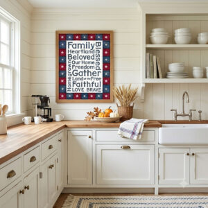 Photo showing a framed print of an American stars patchwork quilt border with patriotic words designed in the middle.