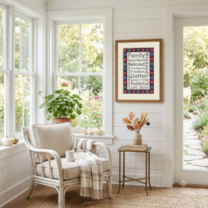 Photo showing a framed print of an American stars patchwork quilt border with patriotic words designed in the middle.