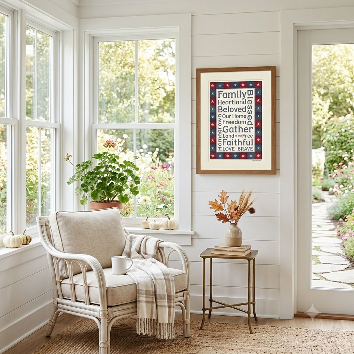 Photo showing a framed print of an American stars patchwork quilt border with patriotic words designed in the middle.