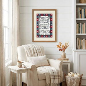 Photo showing a framed print of an American stars patchwork quilt border with patriotic words designed in the middle.