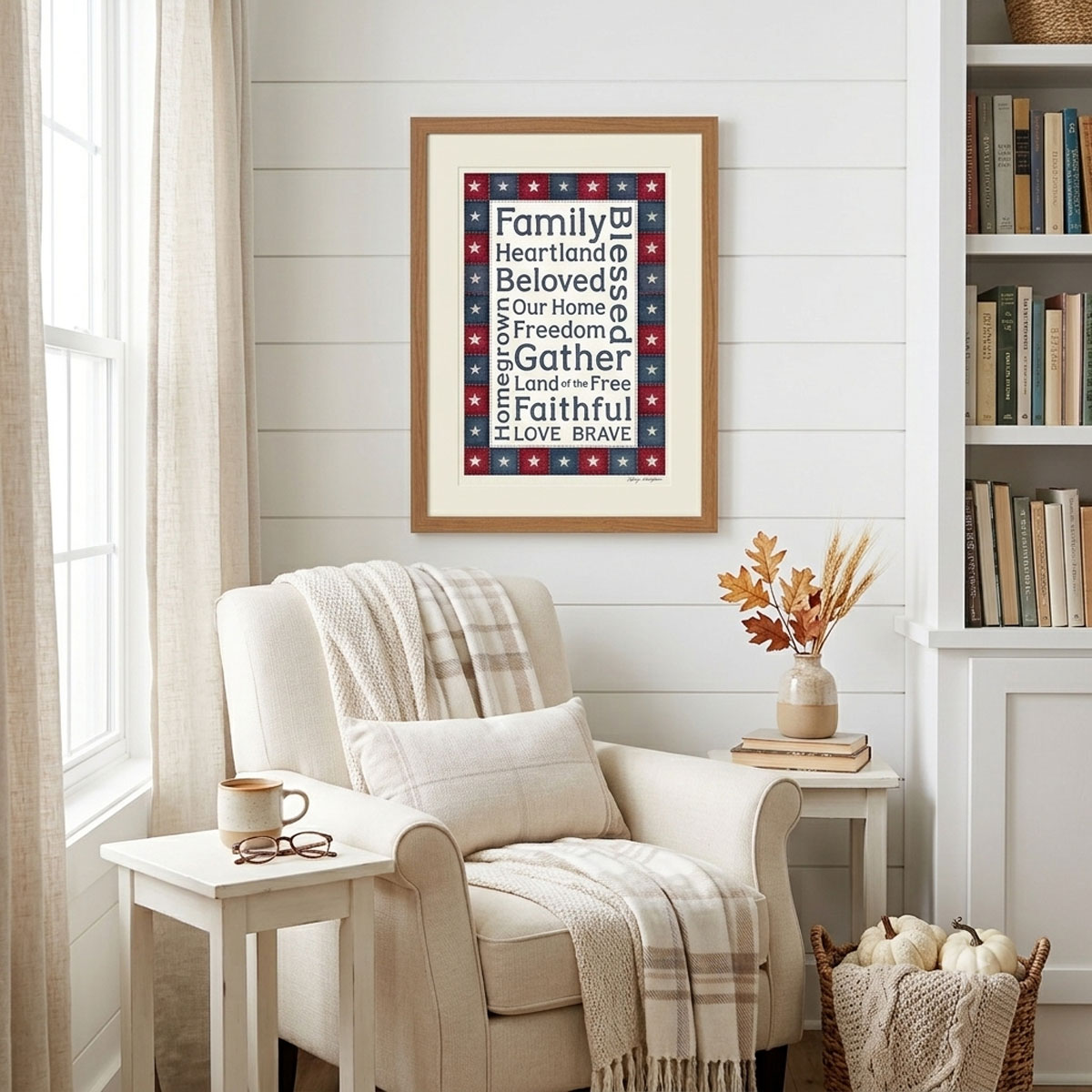 Photo showing a framed print of an American stars patchwork quilt border with patriotic words designed in the middle.