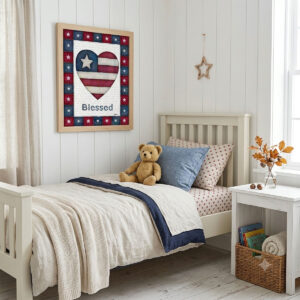 Photo showing a framed print of an American flag graphic inside of a heart with the word Blessed below it.