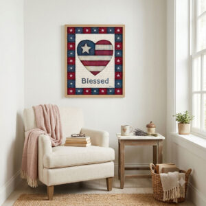 Photo showing a framed print of an American flag graphic inside of a heart with the word Blessed below it.