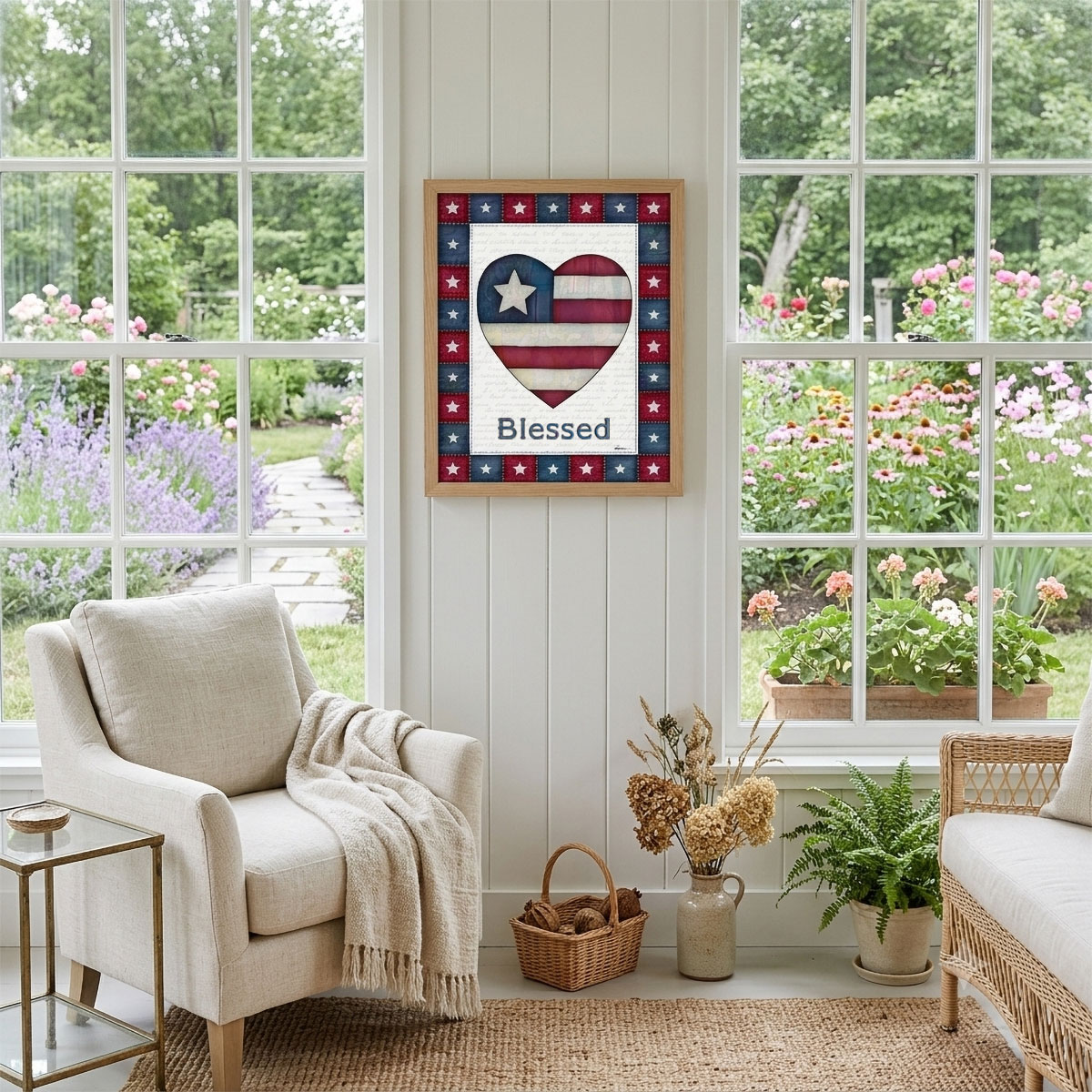 Photo showing a framed print of an American flag graphic inside of a heart with the word Blessed below it.