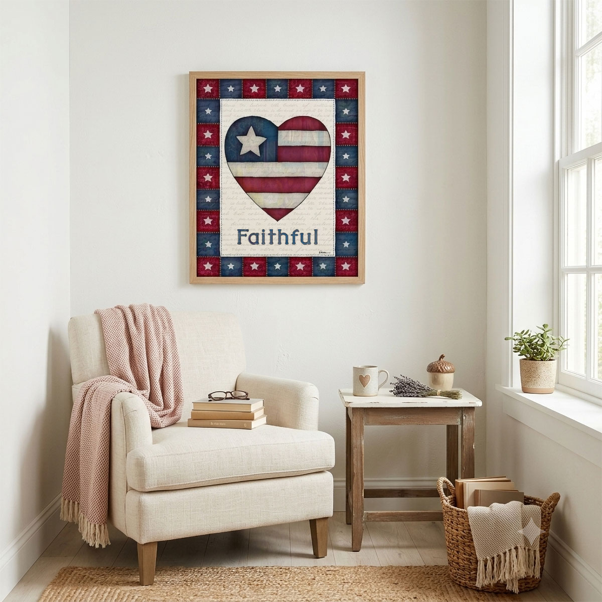 Photo showing a framed print of an American flag graphic inside of a heart with the word Faithful below it.