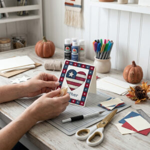 Photo showing a framed print of an American flag graphic inside of a heart with the word Gather below it.